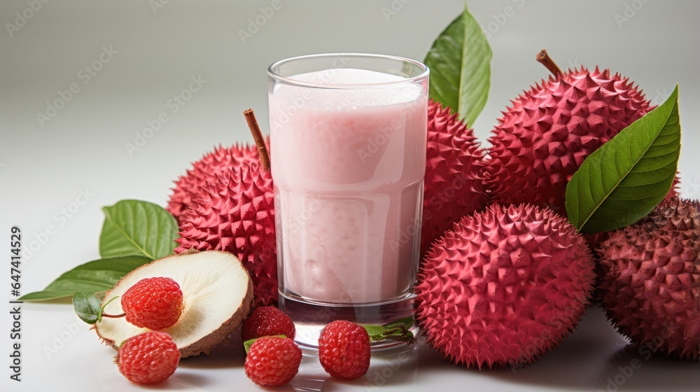 Glass of lychee juice and sliced lychee fruits isolated on darker background Glass of lychee juice and sliced lychee fruits isolated on darker background