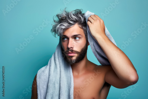 handsome man drying hair with towel.