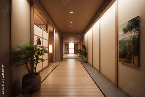 Japan style hallway interior in a hotel or luxury house. © tynza