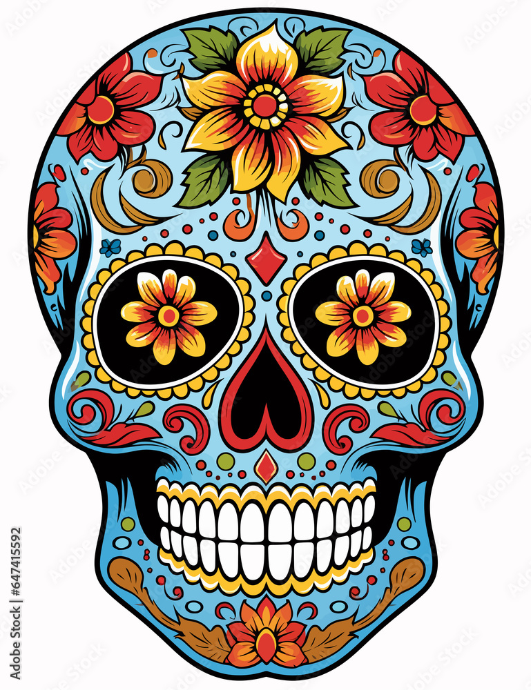 Drawing illustration of an ornately decorated Day of the Dead sugar skull, or calavera