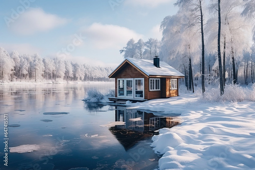 small cozzy lake front cottage in the artic at winter time photo