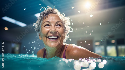 Portrait Active senior woman enjoying aquafit class in pool. Embodying healthy, retirement lifestyle. Close-up. Banner. photo