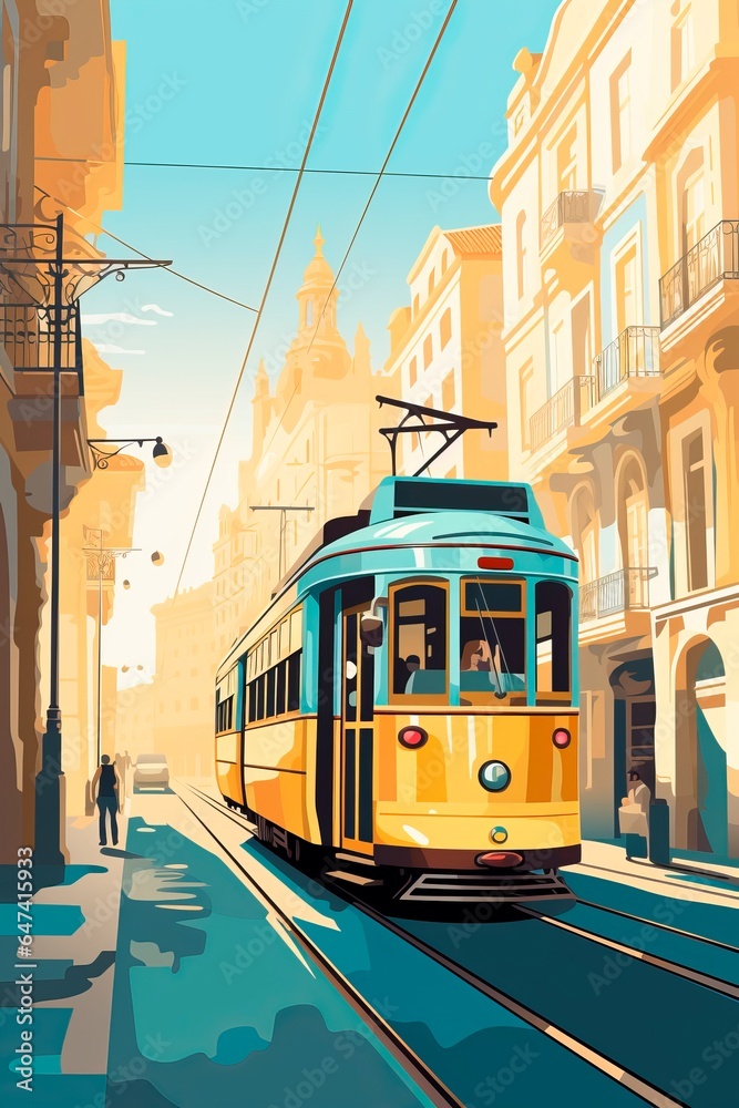 Portugal Lisbon retro city poster with  houses, street and old tram