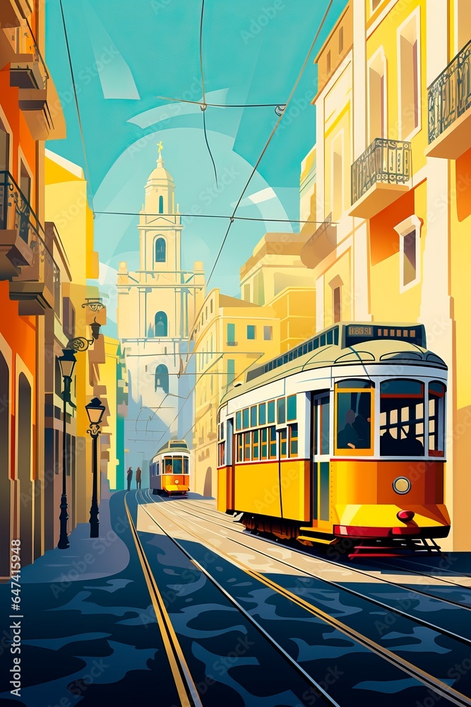 Obraz premium Portugal Lisbon retro city poster with houses, street and old tram