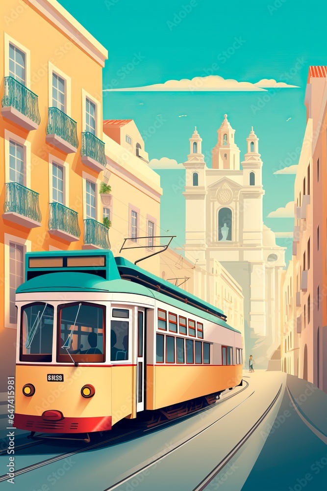 Portugal Lisbon retro city poster with  houses, street and old tram