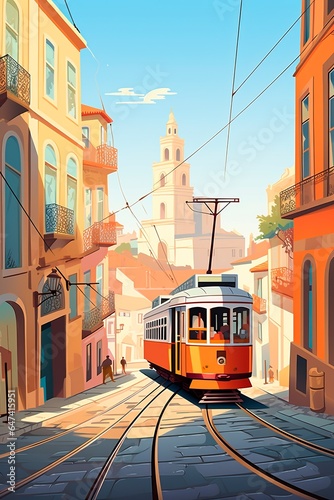 Portugal Lisbon retro city poster with houses, street and old tram