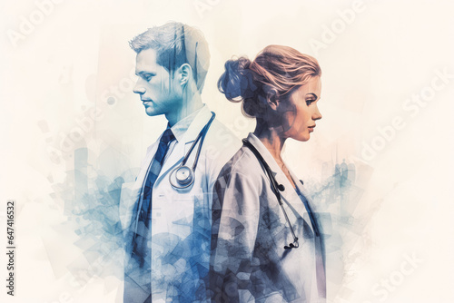 Double exposure of doctors standing back to back, medical illustration