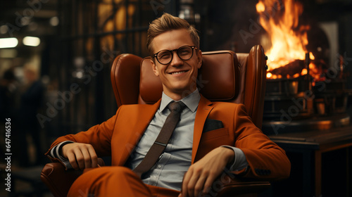 In a stylish urban office at night, a confident, successful businessman, dressed in a modern suit and glasses, exudes professionalism with a cheerful smile. © AleksArtS