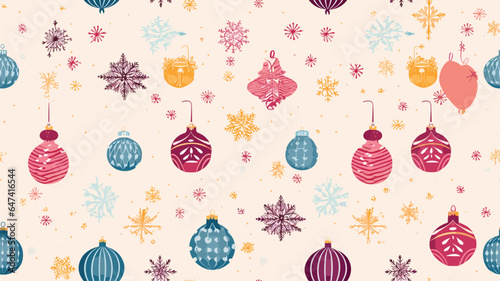 Christmas seamless pattern with Christmas tree toys and snowflakes. Vector festive background