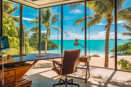 Glass business office overlooking beautiful beach with palm on a hot sunny day