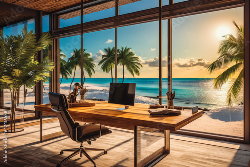 Glass business office overlooking beautiful beach with palm on a hot sunny day