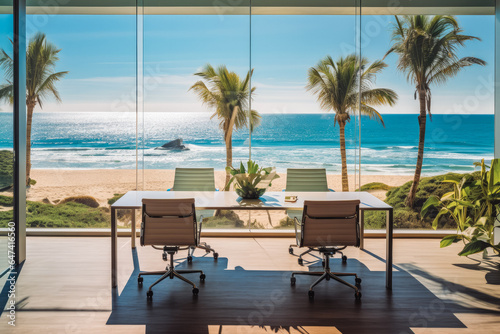 Glass business office overlooking beautiful beach with palm on a hot sunny day