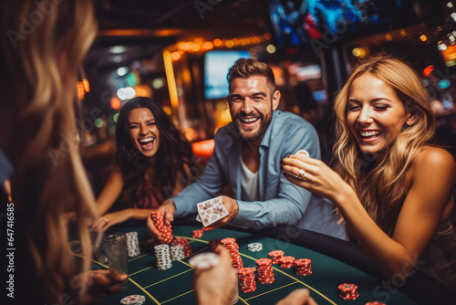 Group of happy friends playing and winning poker at casino, gambling games