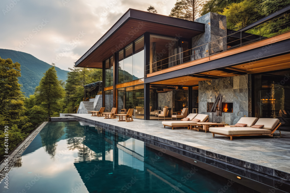 Luxury black villa with big outside pool located in green forest with mountains in the background