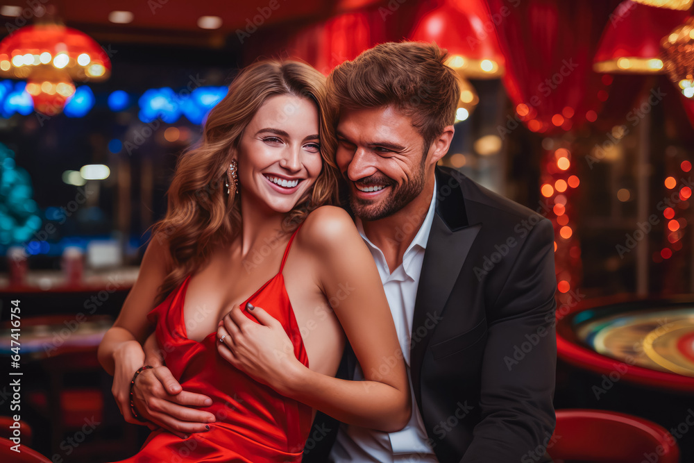Beautiful young happy man and woman celebrating a win in a casino.
