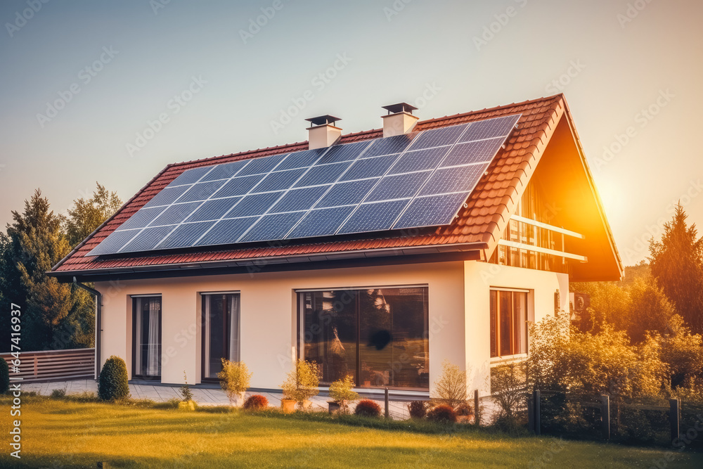 Solar panels on large family house with sunset light in the background