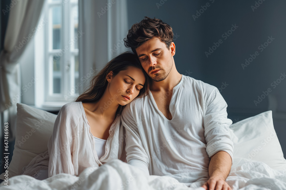 Obraz premium Tired young couple laying sleepy in a bed with white sheets
