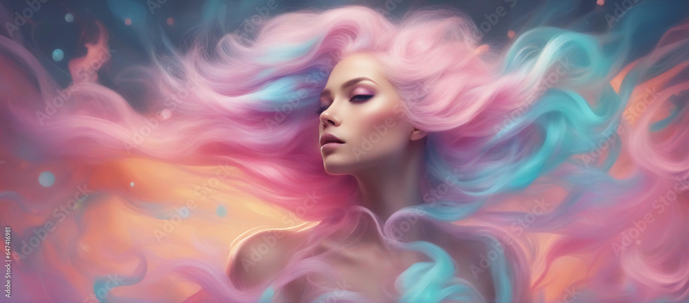 Advertising banner of a woman with colorful hair. Generative AI.