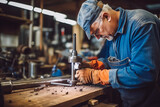 Turner worker working on a drill bit in a workshop, focusing on a work