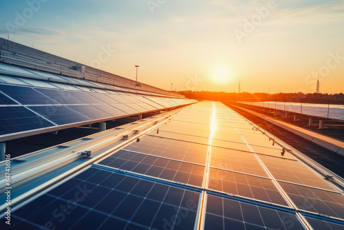 Close up of solar panels on industry building with sunset light in the background © VisualProduction