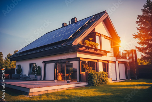 Solar panels on large family house with sunset light in the background