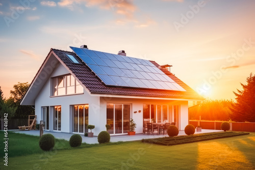 Solar panels on large family house with sunset light in the background