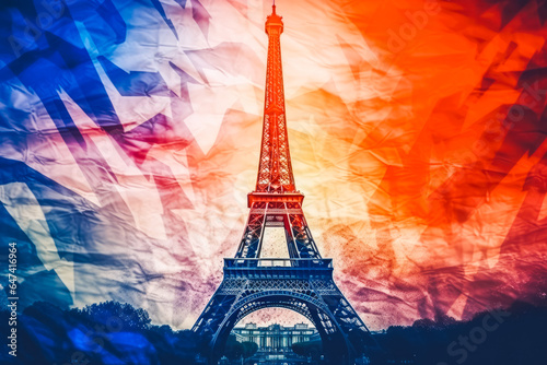 Tour eiffel tower at sunset with France flag double exposure