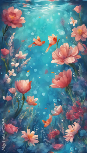 Orange and pink flowers underwater. Generative AI. © F@natka