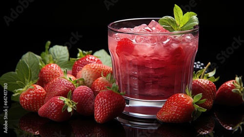 Glass of strawberry juice and sliced fruit isolated on darker background