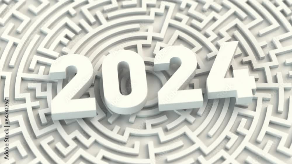 Happy New Year 2024 white monochrome digits above same colored maze background slow motion rotation concept
