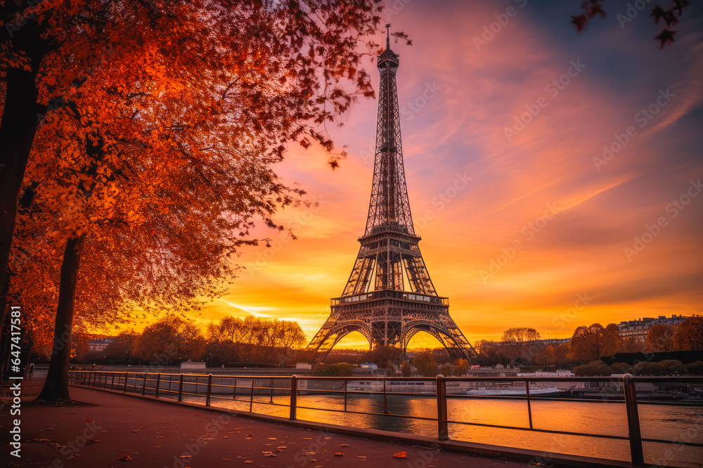 Fototapeta premium Beautiful shot of eiffel tower with a orange sunset in the background, lovely tourist attraction