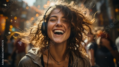 A bright smiling girl in headphones walks on the street. Fun atmosphere, listen to music while walking. 