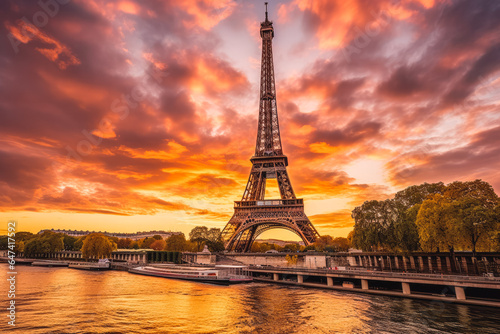 Beautiful shot of eiffel tower with a orange sunset in the background, lovely tourist attraction © VisualProduction