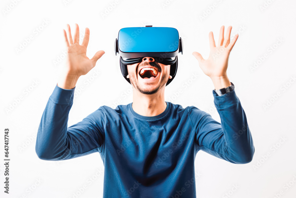 Young excited man trying on virtual reality simulator glasses in his living room, having fun and smiling while looking at virtual realty Young excited man trying on virtual reality simulator glasses in his living room, having fun and smiling while looking at virtual realty