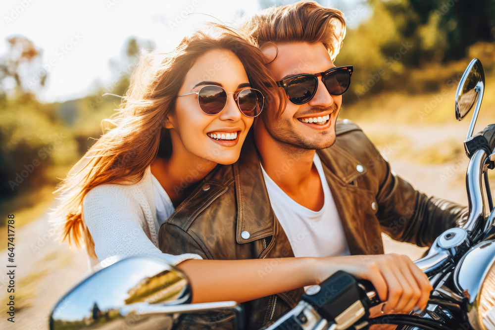 Young attractive couple smiling and posing on motor bike,ready for fun ride on sunny day