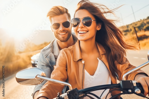 Young attractive couple smiling and posing on motor bike,ready for fun ride on sunny day