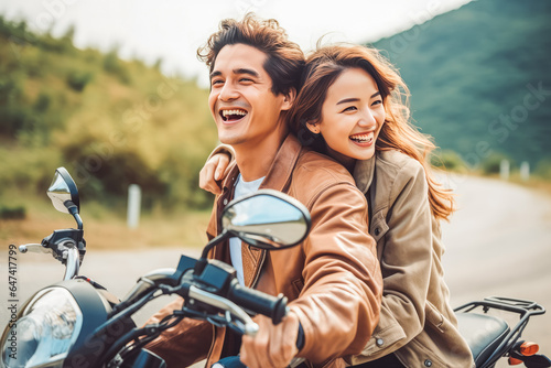 Young attractive asian couple smiling and posing on motor bike,ready for fun ride on sunny day
