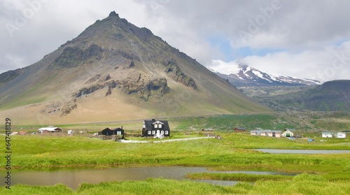 Beautiful scenery of Mt Stapafell and Snaefellsjokull Glacier in Snaefellsnes Peninsula, Iceland 