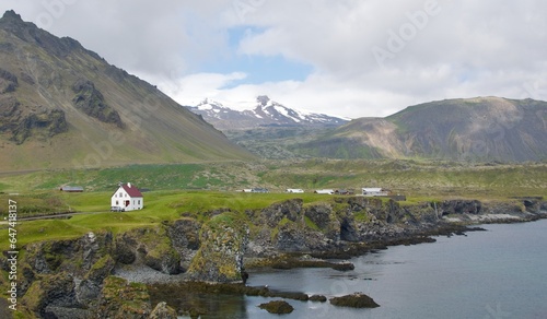 Beautiful scenery of Mt Stapafell and Snaefellsjokull Glacier in Snaefellsnes Peninsula, Iceland 