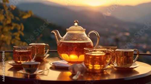 Glass teapot and glass glasses placed on table at sunset with mountain view in mountain villa © MBRAMO