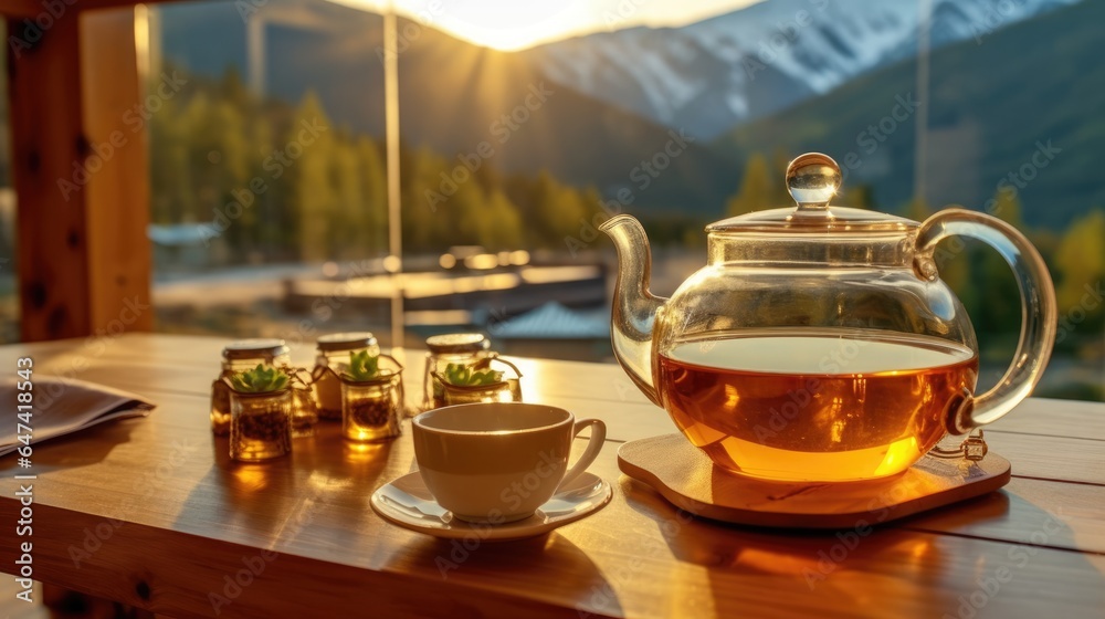 Glass teapot and glass glasses placed on the table in the morning with mountain view in mountain villa Glass teapot and glass glasses placed on the table in the morning with mountain view in mountain villa