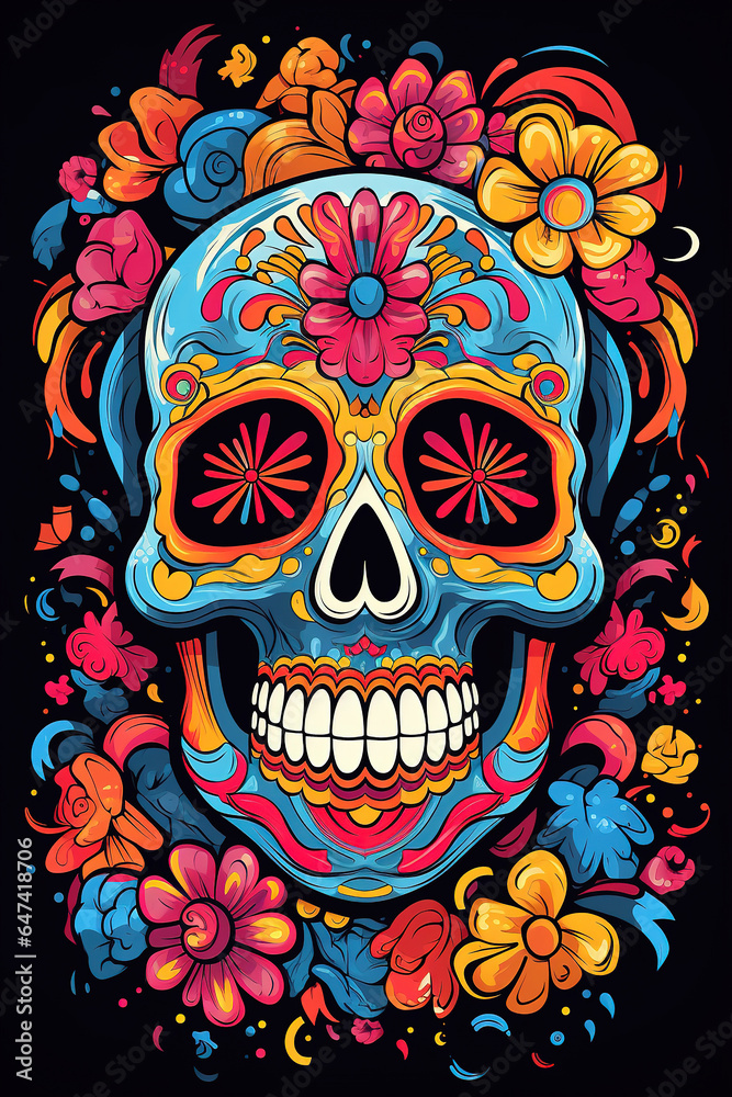 Drawing illustration of an ornately decorated Day of the Dead sugar skull, or calavera.