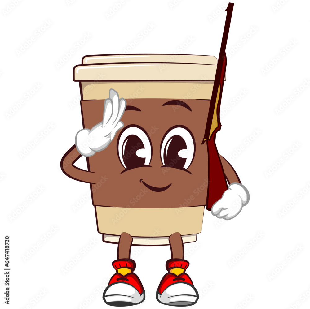 Cute happy coffee paper cup soldier mascot in ready position with long ...
