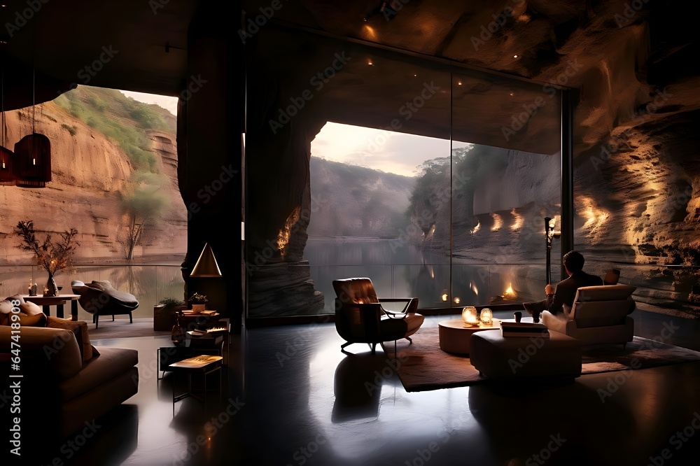 Fototapeta premium Luxury room interiror inside the cave with a good view of the hall and the nature through the glass in front for a calm evening. Generatiev AI.