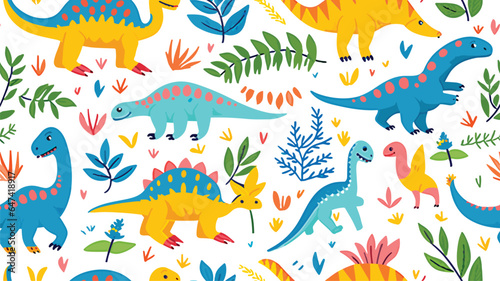 Cute dinosaurs and tropical plants, childrens colorful print on fabric, postcards. Vector seamless pattern on white background © Balaj