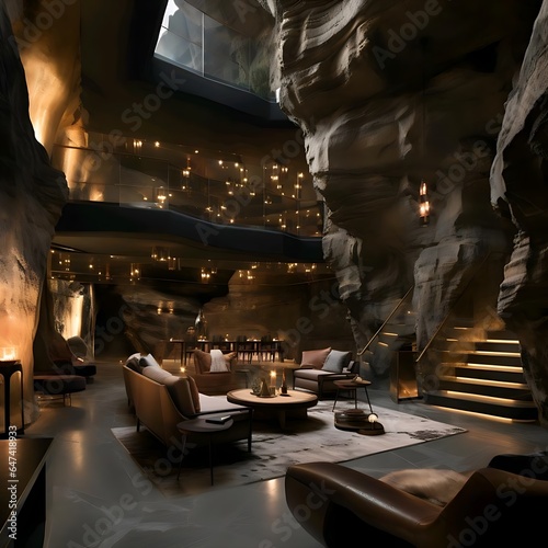 Luxury room interiror inside the cave with a good view of the hall and balcony with stairs going to the first floor. Generatiev AI.