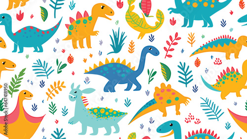 Cute dinosaurs and tropical plants  childrens colorful print on fabric  postcards. Vector seamless pattern on white background