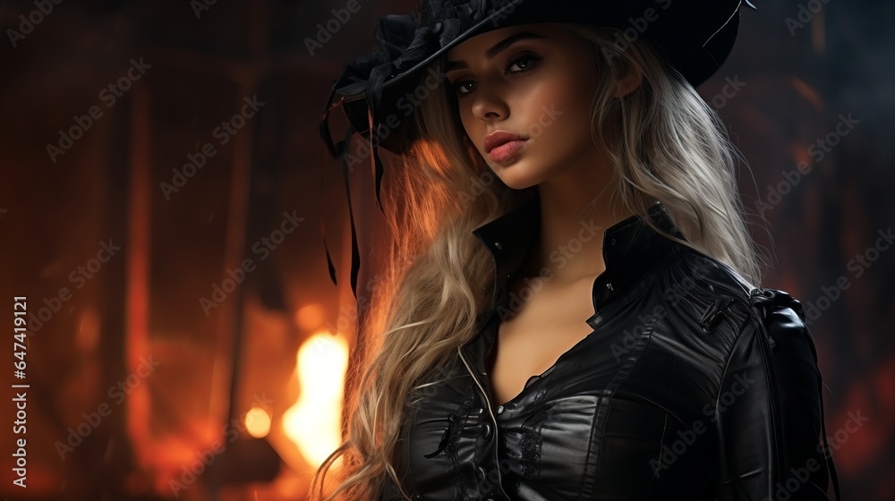Fototapeta premium A woman in black mourning clothes. Young widow, female model in dramatic style with a sad look at the camera. Negative emotions, restrained facial expression