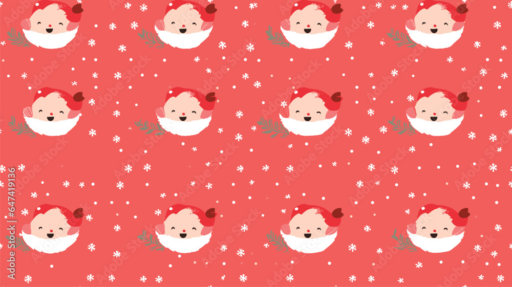 Cute Santa Claus face with snowflakes, vector seamless Christmas pattern
