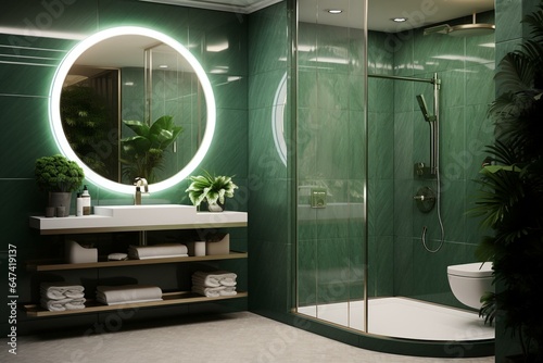 3D rendering of compact bathroom adorned in white marble tiles with green shower wall, featuring circular LED light mirror above sink. Generative AI